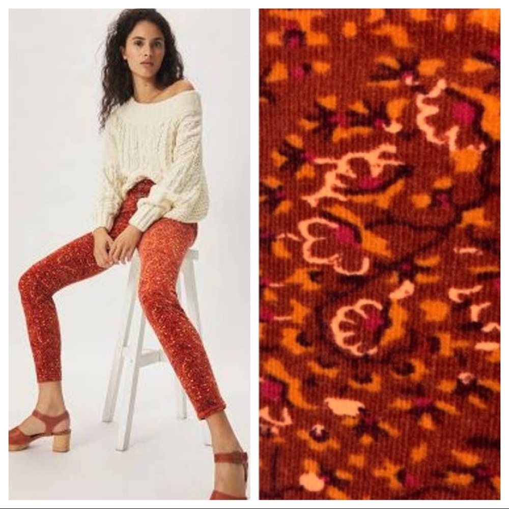 Anthropologie High-Rise Floral Print Jeans — Rust Orange with Pink Accents